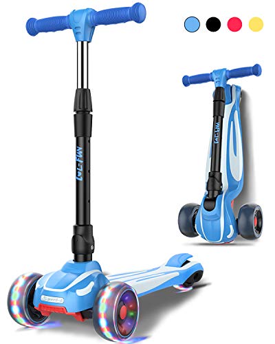 LOL-FUN Toddler Scooter for Kids Ages 3-12 Years Old Boy Girl with 3 Wheel LED Lights. Extra-Wide Childrens Foldable Kick Scooter Kids Ages 3-5 with 4 Adjustable Height and Lean-to-Steer