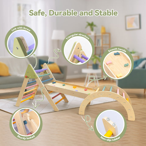 Pikler Triangle Gym Juguetes de escalada para bebés de 3 piezas, juguetes de escalada plegables para niños pequeños de 1 a 3 años en el interior, juego de juguetes de escalada para niños pequeños Montessori para interiores