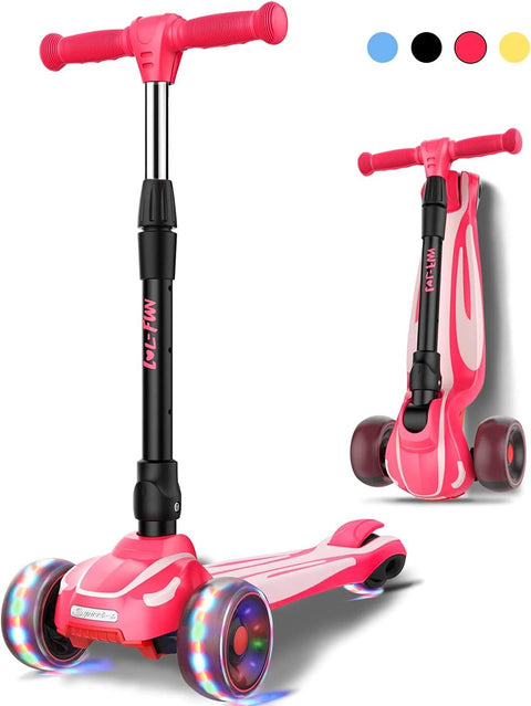 LOL-FUN Toddler Scooter for Kids Ages 3-12 Years Old Boy Girl with 3 Wheel LED Lights. Extra-Wide Childrens Foldable Kick Scooter Kids Ages 3-5 with 4 Adjustable Height and Lean-to-Steer