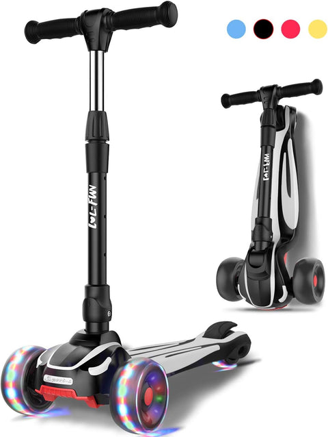 LOL-FUN Toddler Scooter for Kids Ages 3-12 Years Old Boy Girl with 3 Wheel LED Lights. Extra-Wide Childrens Foldable Kick Scooter Kids Ages 3-5 with 4 Adjustable Height and Lean-to-Steer