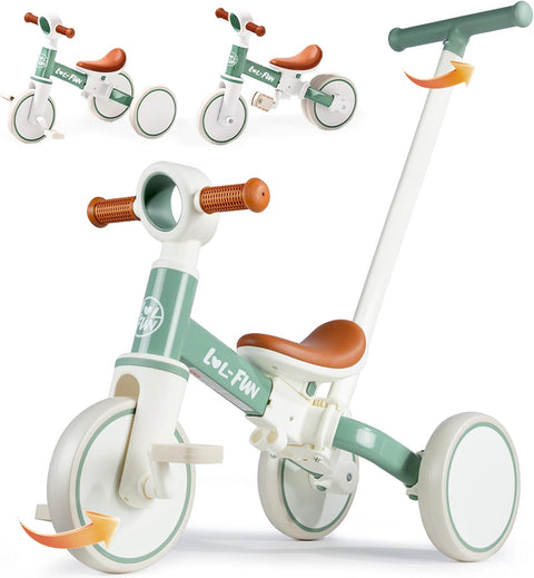 LOL-FUN 5 in 1 Toddler Tricycles for 1-3 Year Olds Boys Girls Toy with Parent Steering Push Handle, Baby Balance Bike 1 Year Old Kids Gift