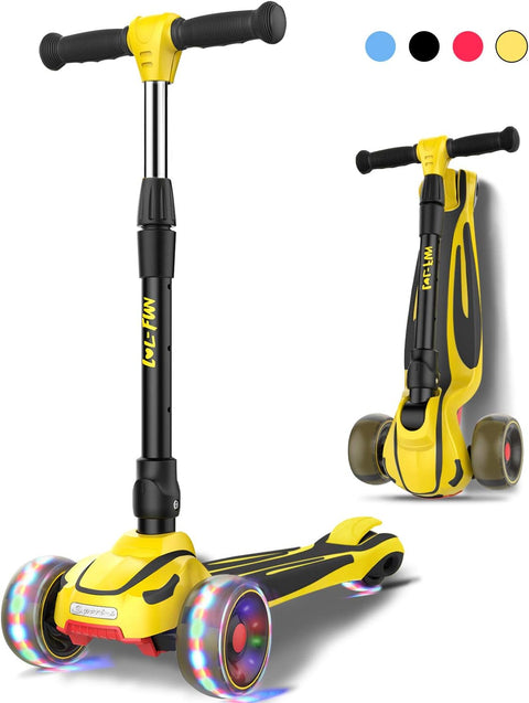 LOL-FUN Toddler Scooter for Kids Ages 3-12 Years Old Boy Girl with 3 Wheel LED Lights. Extra-Wide Childrens Foldable Kick Scooter Kids Ages 3-5 with 4 Adjustable Height and Lean-to-Steer