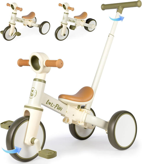 LOL-FUN 5 in 1 Toddler Tricycles for 1-3 Year Olds Boys Girls Toy with Parent Steering Push Handle, Baby Balance Bike 1 Year Old Kids Gift