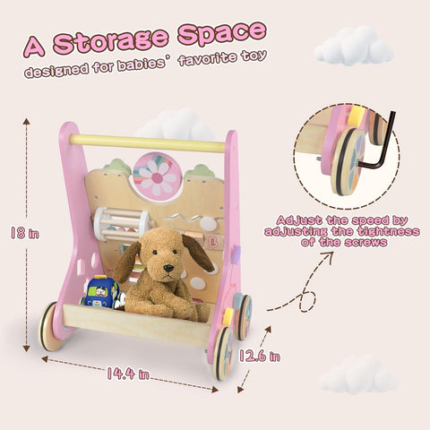 LOL-FUN Wooden Baby Walker for Girls with Wheels, Baby Push Walker for Baby Girl 12 Months, Pink Baby Walker Push Toy for 1 Year Old Walking