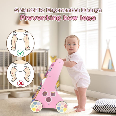 LOL-FUN Wooden Baby Walker for Girls with Wheels, Baby Push Walker for Baby Girl 12 Months, Pink Baby Walker Push Toy for 1 Year Old Walking