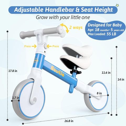 Baby Balance Bike for 1-3 Year Old Boys Girls, Toddler Balance Bike for 18 Month+ Adjustable Seat, No-Pedal Training Bike First Gifts for Kids-Blue