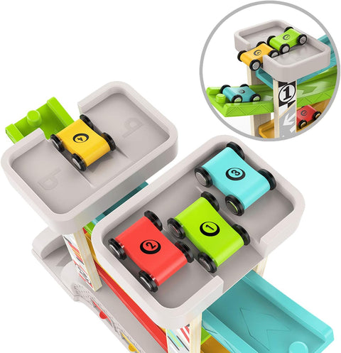 Car Ramp Toy for 2 3 Year Old Boy Gifts, Toddler Race Track Toy for 18 Month Old with 4 Wooden Cars and 3 Car Garage