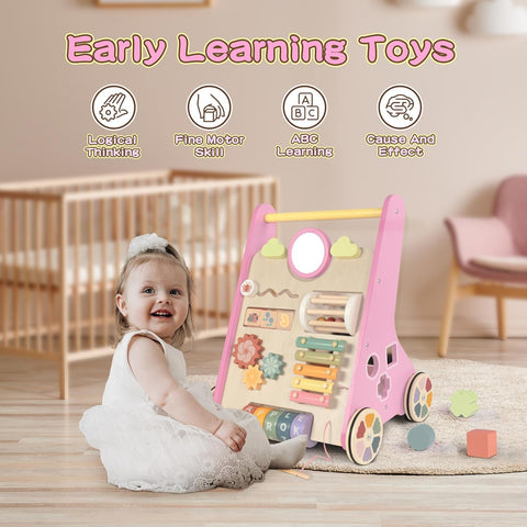 LOL-FUN Wooden Baby Walker for Girls with Wheels, Baby Push Walker for Baby Girl 12 Months, Pink Baby Walker Push Toy for 1 Year Old Walking