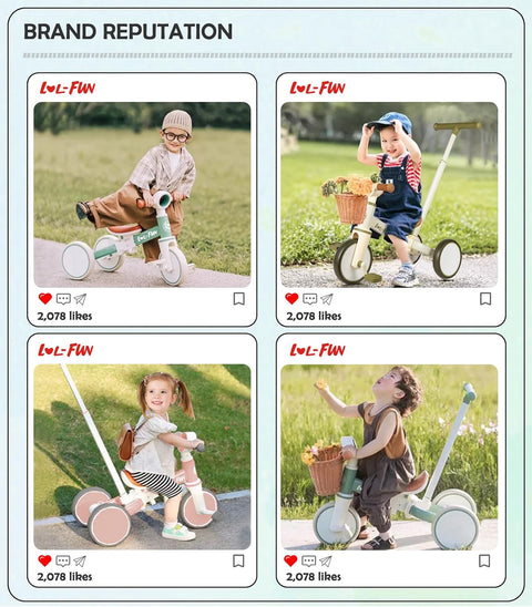 LOL-FUN 5 in 1 Toddler Tricycles for 1-3 Year Olds Boys Girls Toy with Parent Steering Push Handle, Baby Balance Bike 1 Year Old Kids Gift