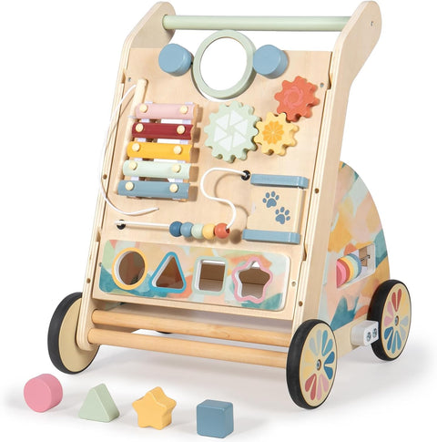 Wooden Baby Walker with Double-Sided Busy Board, Push Walker for Baby with Adjustable Speed Wheels, Activity Learning Walker for Boys 6-12 Months